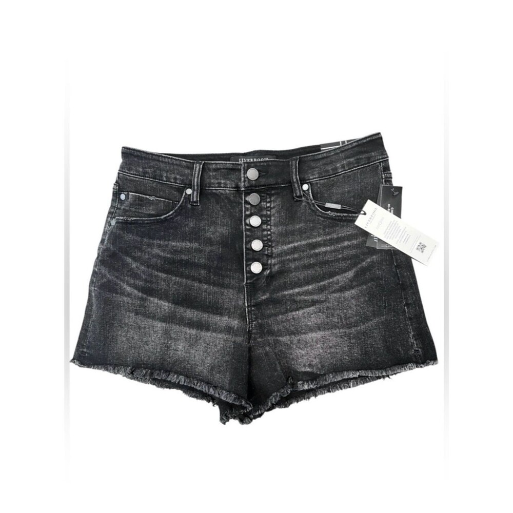 Liverpool Christine Denim Jean Shorts High Rise Button Fly Fray Hem Black 8 NEW